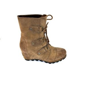 Sorel Joan of Arctic Lace Up Brown Tobacco Leather Wedge Boots Women Size 7.5